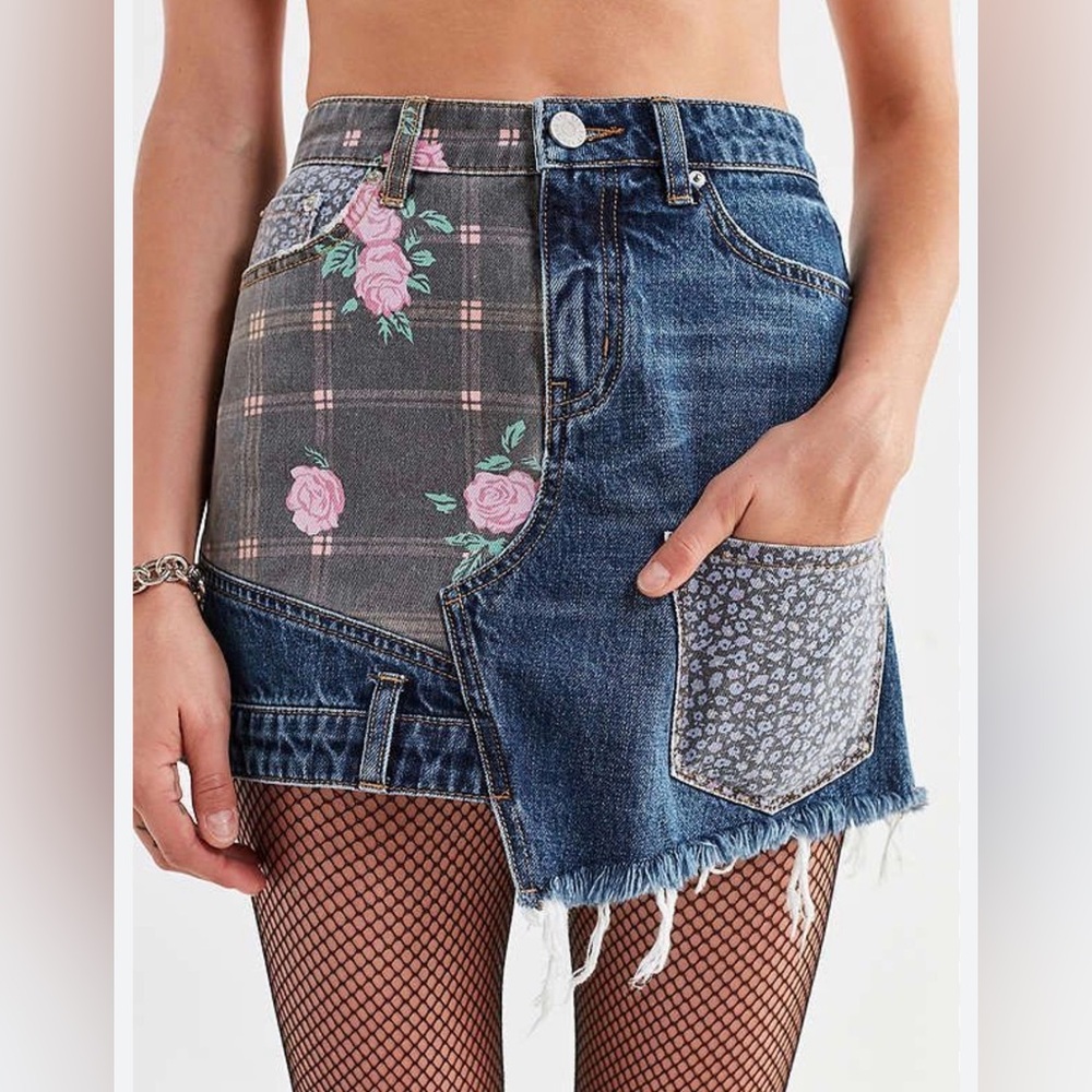 BDG patchwork asymmetrical denim mini skirt, small
